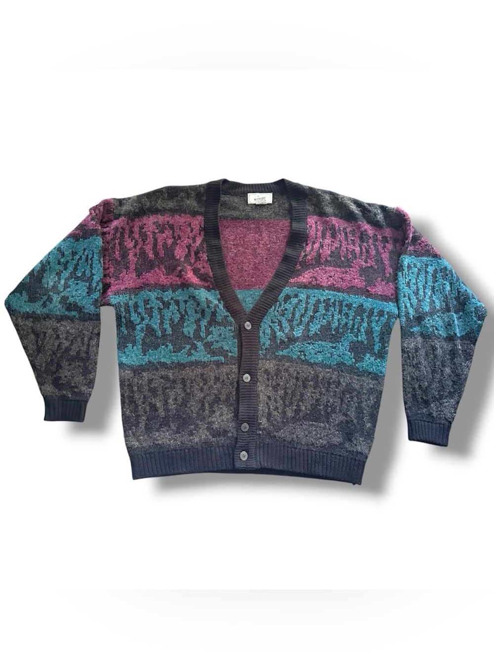 Vintage 80s/90s Multicolor Fuzzy Grandpa Sweater V-Neck Cardigan Mens Size Large